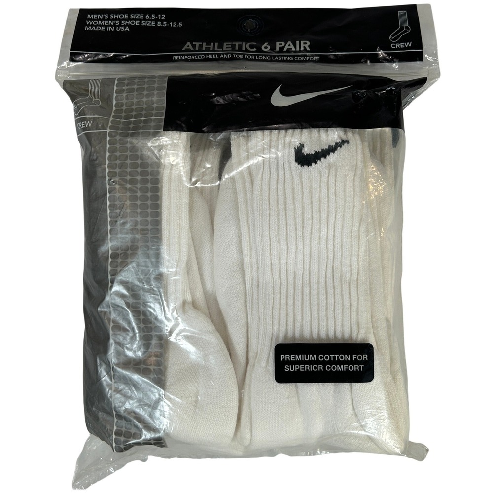 VTG Y2K 2003 USA Nike Crew Socks 6 Pair White Cotton Blend Mens 6.5-12 NEW